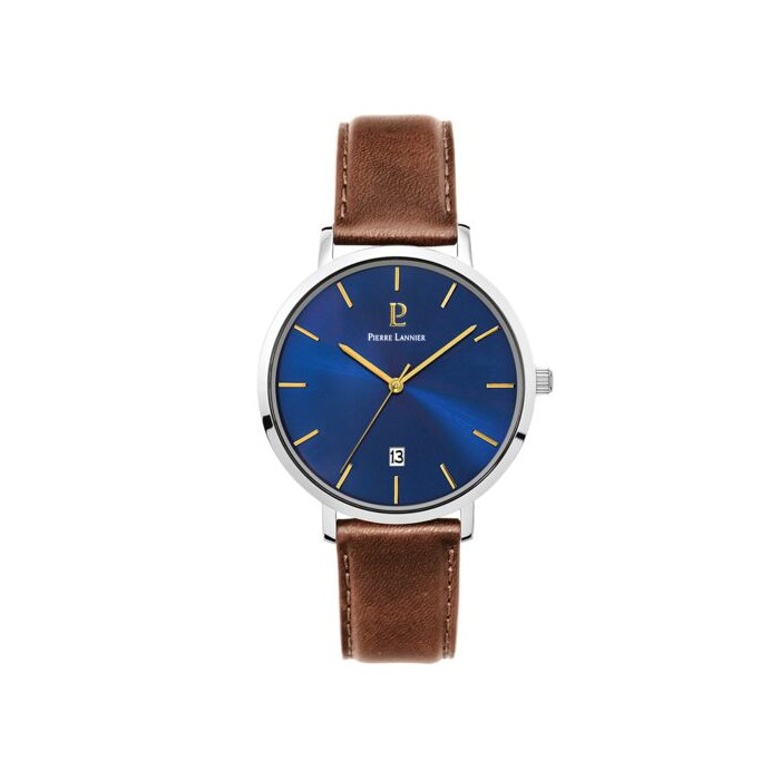 MONTRE Homme  PIERRE LANNIER, ECHO Cadran Bleu Bracelet Cuir Brun