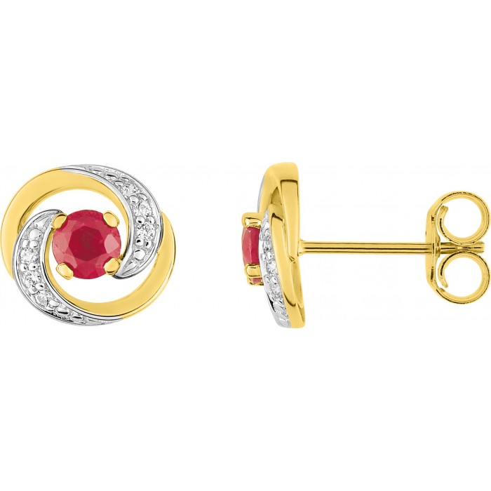 Boucles d'oreilles rosaces or jaune, rubis et oxyde de zirconium